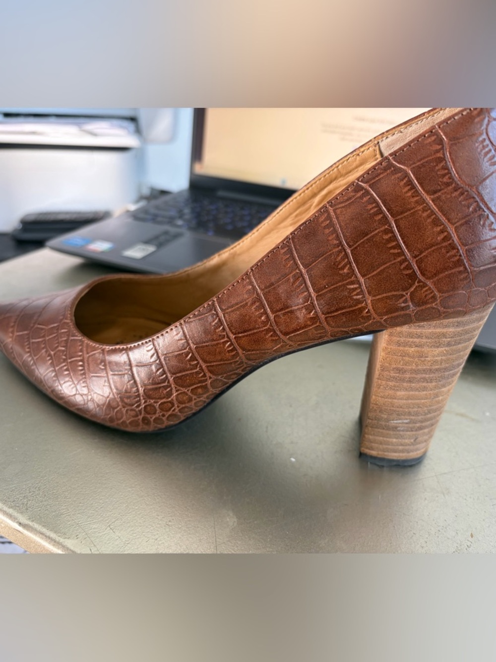 Ellen Tracy Croc-Embossed Brown Stacked Block Heel Pump